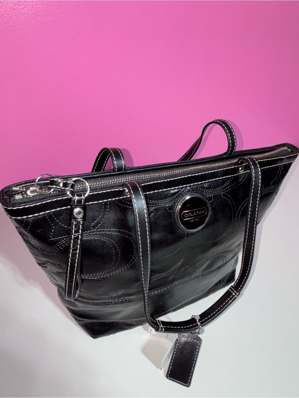 Coach Signature Stitched Patent Tote Black Leather Shoulder Bag NWT MSRP $328 - Picture 8 of 11